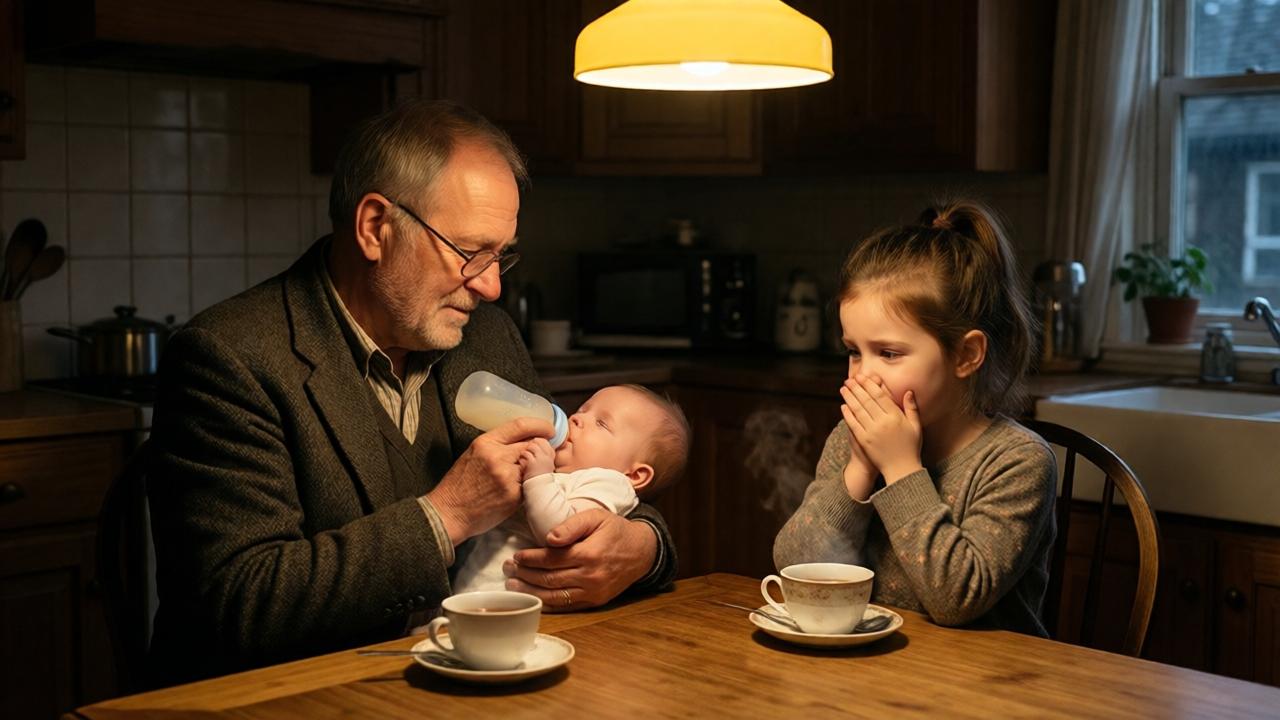 A warm, poignant interior scene in a cozy, slightly cluttered kitchen. An elderly man, Mr. Henry, is gently feeding a bottle to one infant twin while Emily watches, her hand over her mouth in overwhelmed emotion. Soft, yellow light from a pendant lamp illuminates the scene, casting deep shadows and highlighting the steam from two cups of tea on the wooden table. The mood is one of profound, quiet salvation. The composition uses a medium shot to capture the intimate, life-changing moment.