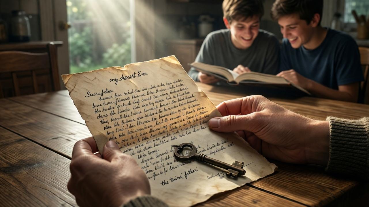 A dramatic, close-up shot of a weathered, handwritten letter on a wooden kitchen table, held in a woman's trembling hands. Part of the text is visible, showing the words 'my dearest Em' and 'the twins' father'. A vintage key rests on the paper. In the soft background, two teenage boys, Liam and Noah, are seen through a doorway, laughing over a textbook. The lighting is dramatic, with a single shaft of sunlight illuminating the letter, symbolizing a revelation. The mood is tense and full of impending change.