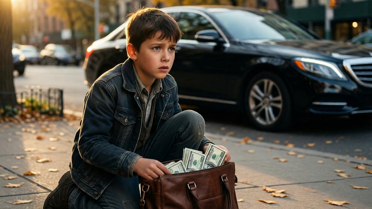 A cinematic scene on a city sidewalk in autumn. A young boy, around 10 years old, wearing slightly worn but clean clothes, is kneeling on the pavement. He holds an open leather handbag, his face illuminated in a shaft of golden afternoon light, revealing a mix of awe, desperation, and inner conflict. Stacks of hundred-dollar bills are visible inside the bag. In the soft-focus background, a sleek black car is parked across the street. The mood is tense and decisive, with a shallow depth of field focusing on the boy's expressive eyes and the money. Style: photorealistic, dramatic lighting.