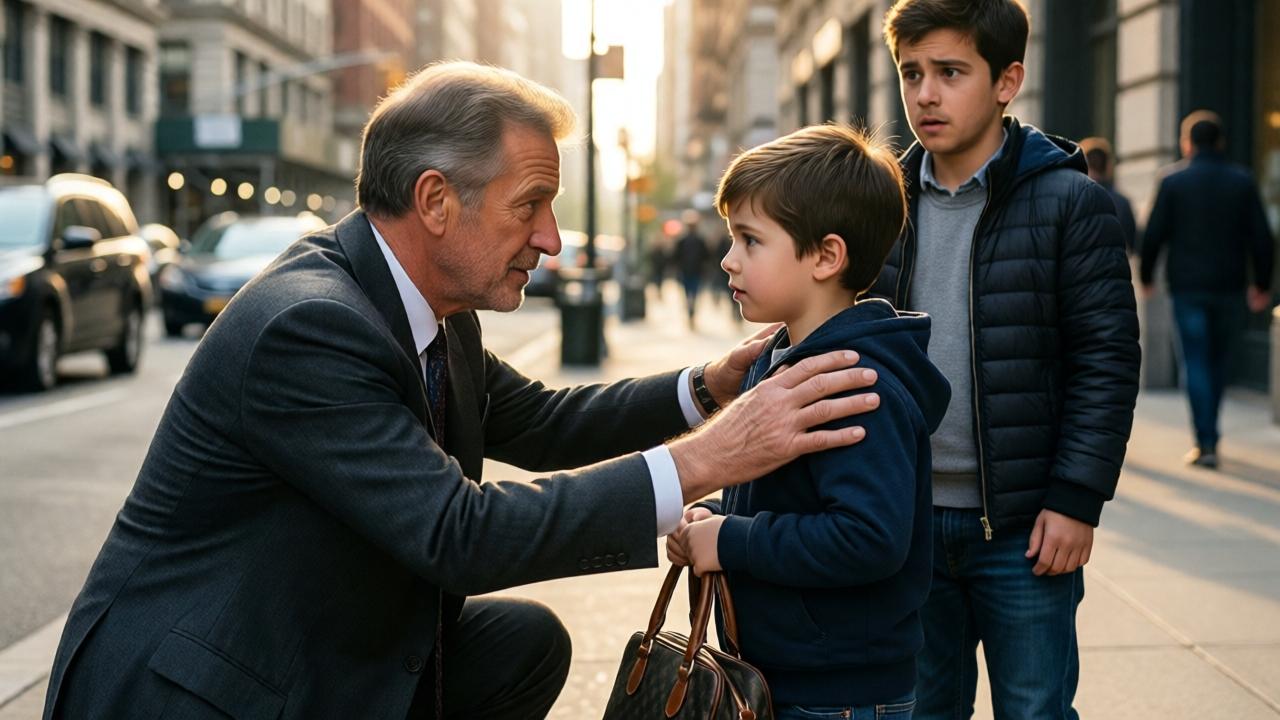 A powerful emotional moment on a city street. A well-dressed, older man (William) is crouching slightly to be at eye level with the young boy (Noah), who is still holding out the handbag. The man's hand is on the boy's shoulder, a gesture of connection and promise. The man's son (Jason) stands slightly behind, looking stunned and thoughtful, his earlier smugness replaced by dawning understanding. The lighting is warm and hopeful, with late afternoon sun creating long shadows and highlighting the emotional exchange. Style: realistic portrait, focus on facial expressions and body language.