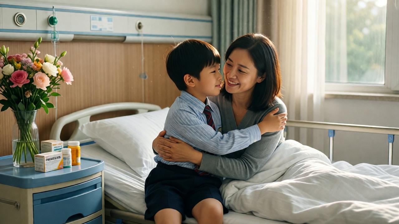 A heartwarming hospital room scene. A young boy in a neat school uniform sits on the edge of a hospital bed, gently hugging his smiling mother. Sunlight streams through a window, illuminating dust motes and creating a serene, hopeful atmosphere. On the bedside table, next to a vase of flowers, are several boxes of medicine. The mother's face shows relief and love. The mood is peaceful, tender, and full of future promise. Style: soft-focus realism, warm color palette, emotive and uplifting.