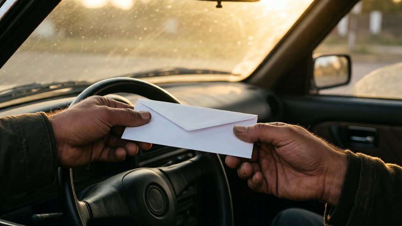 A close-up, intimate shot inside an old, worn car. A weathered but kind hand is passing a plain white envelope to another hand, rough and calloused from life on the streets. Soft, golden-hour sunlight streams through the dusty windshield, illuminating dust motes in the air and highlighting the contrast between the two hands. The mood is reverent and hopeful, with a shallow depth of field focusing on the envelope. The color palette is warm with tones of amber, brown, and gold.