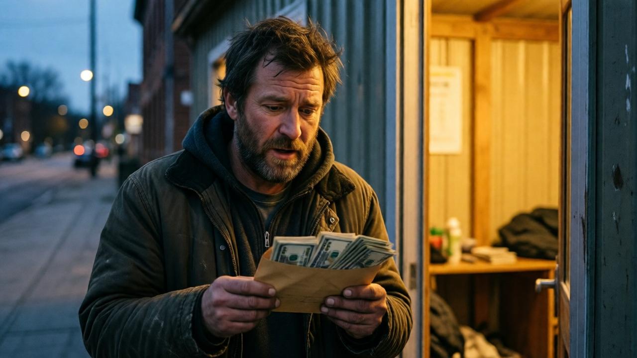 A medium shot of a homeless man, David, standing outside a simple urban shelter at dusk. He is looking down at an open envelope full of cash in his hands, his face a mix of shock, gratitude, and dawning hope. The warm interior light from the shelter door spills onto him, contrasting with the cool blue twilight of the street. The composition is emotive, focusing on his expression and the symbolic envelope. The style is realistic and cinematic, capturing a moment of profound personal transformation.