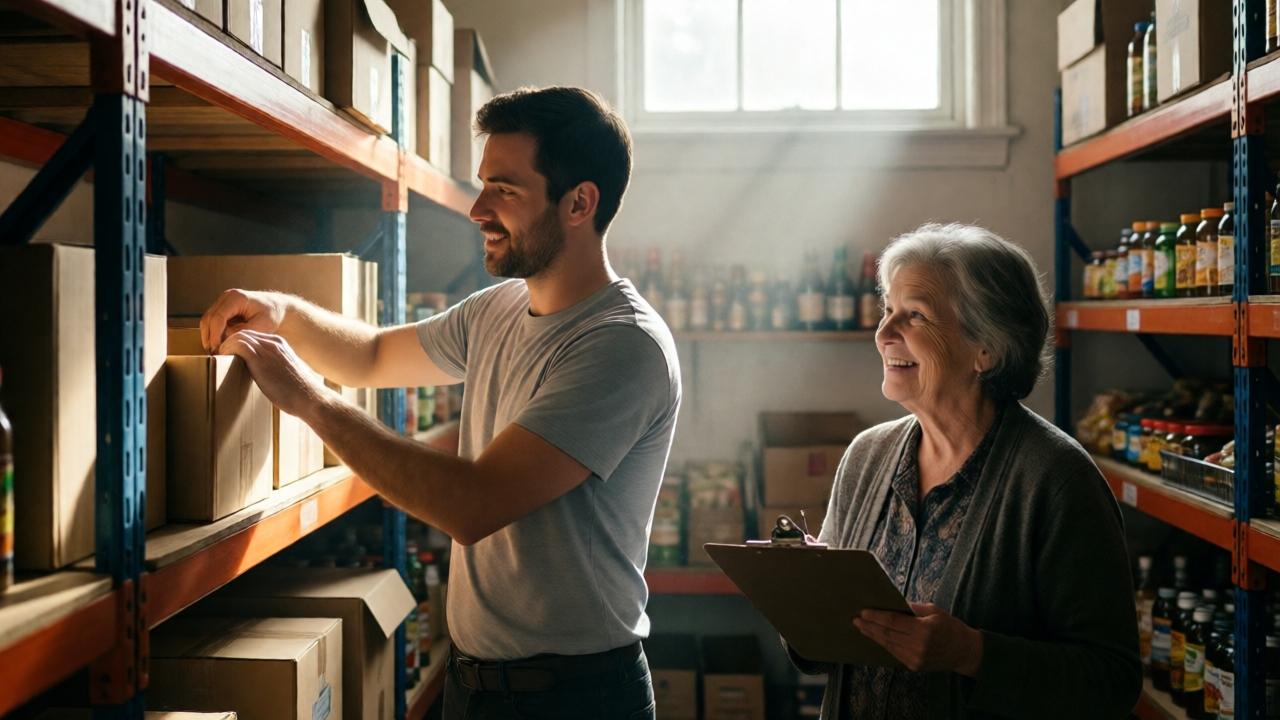 A hopeful scene in a small, cluttered but friendly neighborhood grocery store stockroom. David, now cleaner and wearing a simple but clean shirt, is diligently organizing boxes on a shelf. The shop owner, an older woman with a kind face, is smiling as she watches him work, holding a clipboard. Morning light filters through a high window, creating a beam that highlights the dust and the sense of new beginning. The mood is uplifting and full of quiet triumph. The composition uses leading lines of shelves to draw the eye to the two figures.