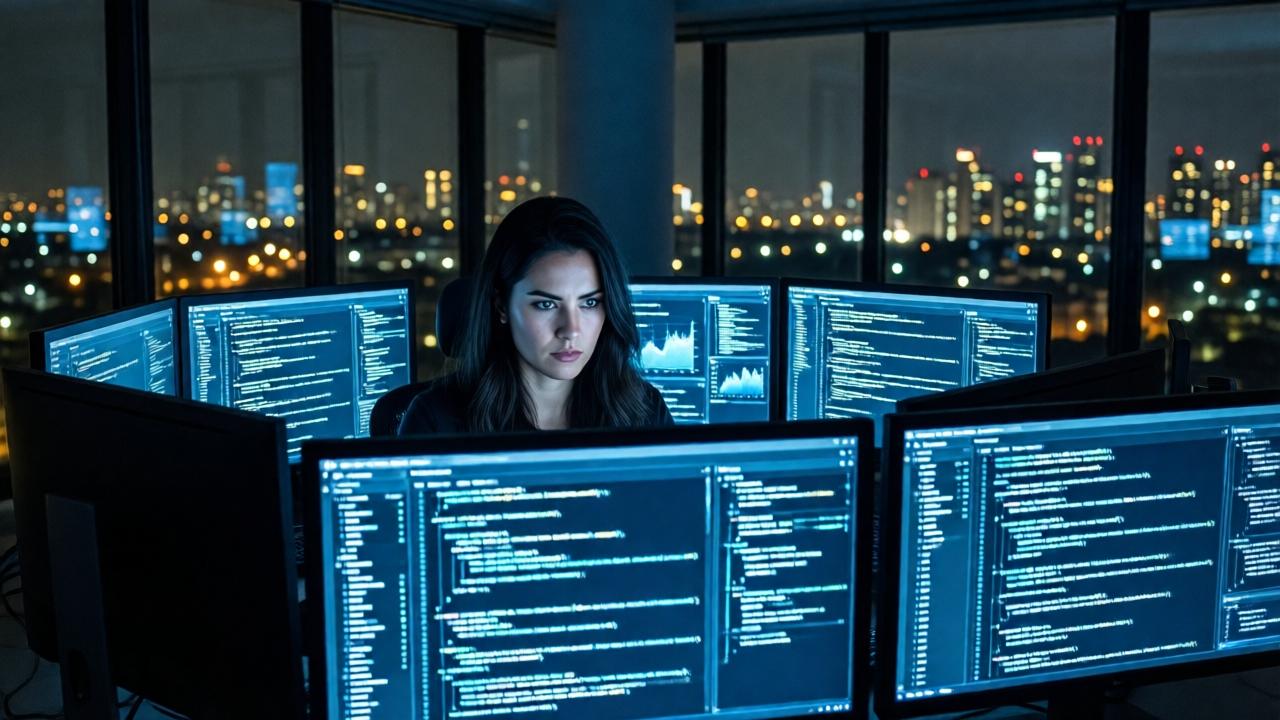 A powerful, cinematic scene of a woman, Sofia, working late at night in a modern, minimalist loft apartment in São Paulo. The room is dark except for the intense, cool blue and white light emanating from multiple large computer monitors covered in complex, flowing lines of code and data visualizations. Her face is illuminated by the screens, showing fierce concentration and quiet resolve. The style is photorealistic with a cyberpunk aesthetic, emphasizing high contrast, sharp details, and a mood of focused intensity. Outside the floor-to-ceiling windows, the city lights blur into streaks of gold and white.