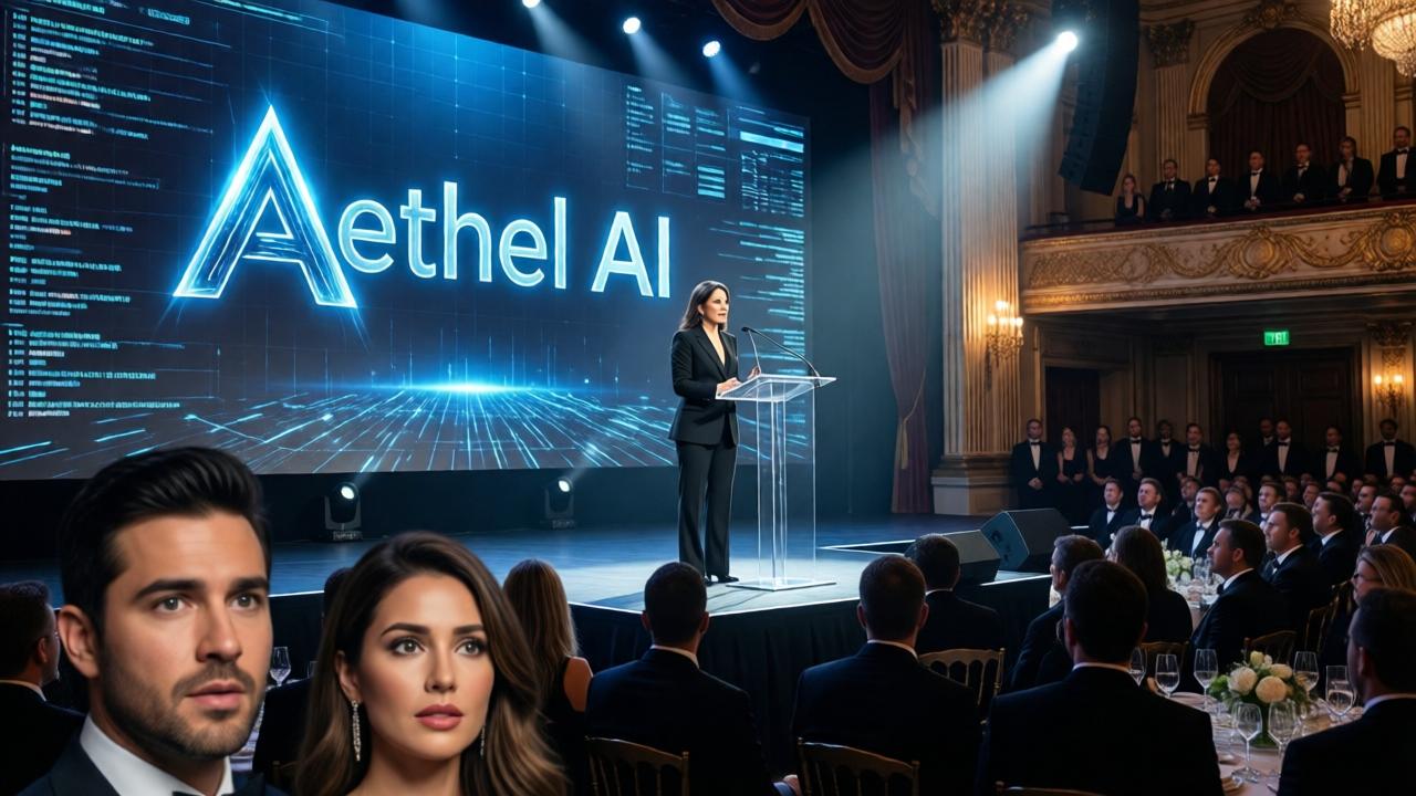 Sofia commands the stage at a lavish tech gala. She stands confidently at a podium, addressing a large, black-tie audience in a grand ballroom. She wears a powerful, tailored black suit. A massive, sleek screen behind her displays the elegant, glowing logo of 'Aethel AI' with dynamic data visualizations. The lighting is dramatic, with a spotlight on her and the screen casting cool light. In the foreground, out of focus, are the shocked faces of her ex-fiancé Ricardo and former friend Clara. The style is glossy magazine editorial, with rich colors and a sense of monumental triumph.