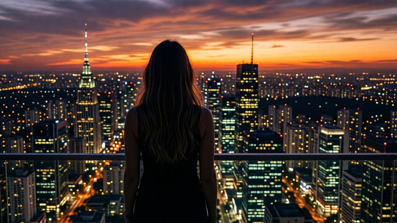 A serene, powerful shot of Sofia from behind, standing on a high-tech skyscraper terrace at dusk in São Paulo. She looks out over the vast, glittering cityscape, now efficiently managed by her AI. She is silhouetted against the deep orange and purple sky. The city lights below twinkle like a circuit board coming to life. The style is epic and cinematic, evoking a sense of peaceful mastery and vast achievement. The mood is one of quiet victory and boundless future potential.