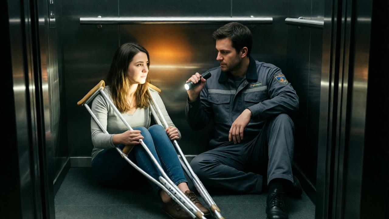 A cinematic scene inside a stalled, dark elevator. A woman sits on the floor, crutches across her lap, her face illuminated by the soft glow of a flashlight held by a man in a maintenance uniform sitting beside her. The mood is intimate and vulnerable. The lighting is dramatic, with high contrast between the deep shadows and the warm pool of light, highlighting their expressions of quiet connection. The composition is a medium shot, slightly from above, emphasizing their shared space on the elevator floor. The colors are muted blues and grays with a warm amber light center.
