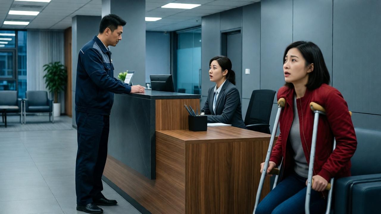 A dramatic scene in a modern corporate lobby. A man in a maintenance uniform stands authoritatively at a sleek reception desk, confronting a shocked receptionist. In the foreground, a woman with crutches watches from a seating area, her expression a mix of shock and dawning hope. The mood is tense and revelatory. The lighting is bright and corporate but focused on the trio. The composition uses leading lines of the lobby architecture to draw the eye to the confrontation. The colors are cool grays and blues of the office, with the warm wood of the desk and the red of the woman's jacket as focal points.