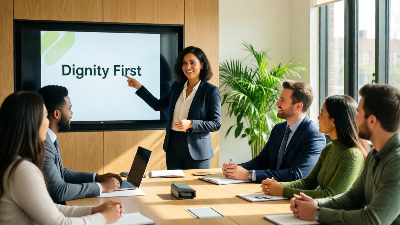 An inspiring scene in a bright, modern office conference room. Maya, now dressed in professional attire, stands confidently at the head of a table, leading a training session. She points to a slide that reads 'Dignity First' on a screen. Daniel Reeves, the CEO, watches from the side with a proud smile. Diverse employees are engaged in listening. The mood is hopeful and progressive. The lighting is natural sunlight streaming through large windows. The composition is wide, showing the collaborative environment. The colors are warm and inviting, with greens and natural wood tones promoting growth and clarity.