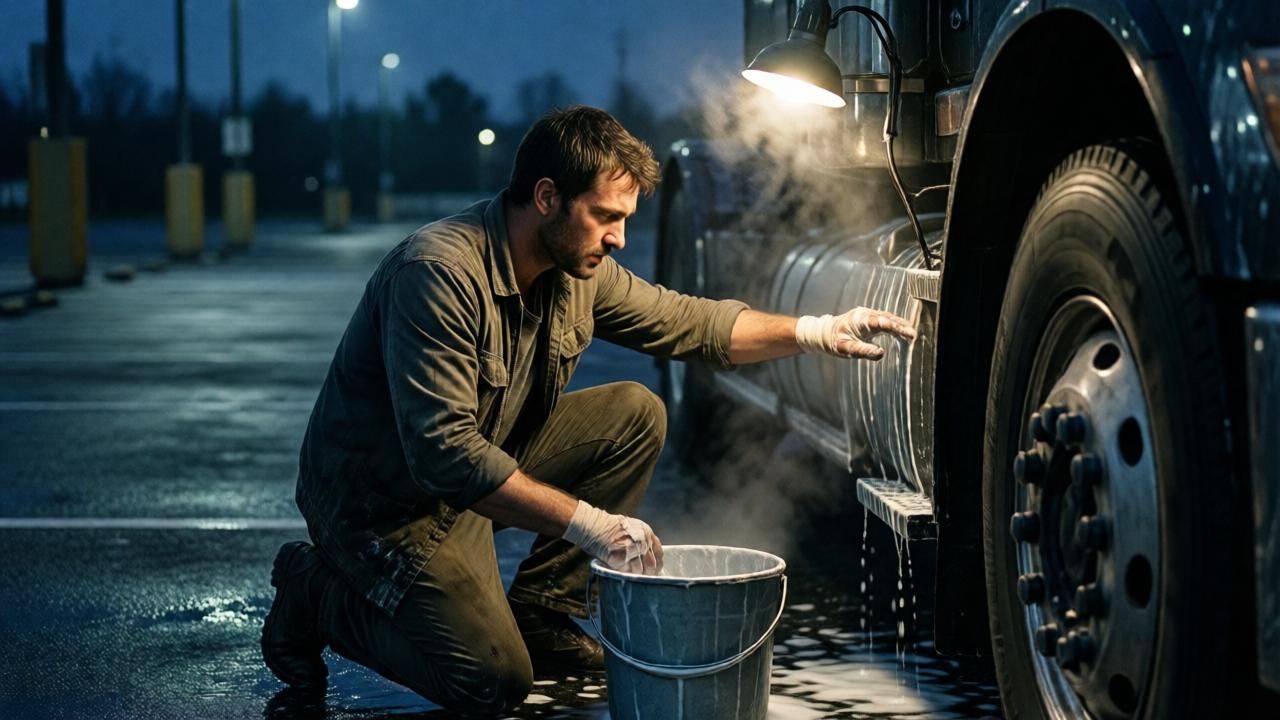 A poignant scene at night in a dimly lit, empty parking lot. A determined man in worn clothes is on his knees, meticulously washing a large truck. His hands are visibly raw and bandaged. The only light comes from a single, buzzing overhead lamp, casting dramatic shadows and highlighting the steam rising from the bucket of soapy water. The style is photorealistic with a cinematic, gritty mood, focusing on the texture of the water, the grime on the truck, and the quiet intensity on the man's face. The color palette is dominated by cool blues and dark shadows with a warm highlight from the lamp.