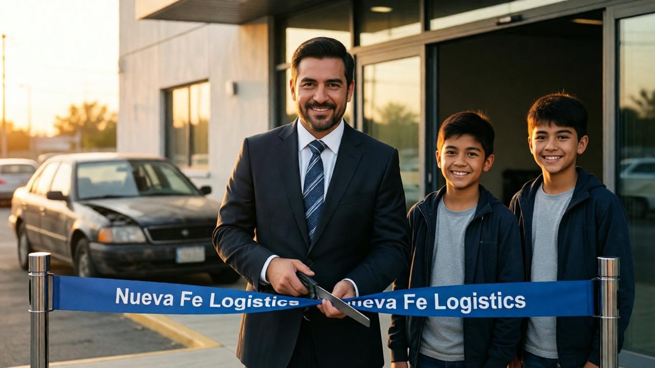 A powerful contrast scene. In the foreground, Diego stands confidently in a sharp suit, cutting a ribbon at the entrance of his new company, 'Nueva Fe Logistics'. His two now-teenage children smile proudly beside him. In the soft-focus background, almost like a ghostly memory, is the silhouette of the old, beat-up car they once lived in. The style is aspirational and photorealistic with warm, golden-hour sunlight bathing the new building. The mood is one of triumph and poignant reflection, emphasizing the incredible journey from destitution to success.