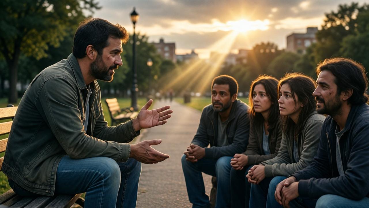 An inspirational, symbolic image. Diego, now in casual clothes, is sitting on a simple bench in a city park at dusk, speaking gently to a small, diverse group of people who look downtrodden but hopeful. He is gesturing with his hands, which still bear faint scars. A single, hopeful ray of sunset breaks through the clouds, illuminating the group. The style is cinematic and warm, with a focus on expressive faces and a mood of quiet mentorship and shared hope. The composition uses the light to create a path leading from the group toward a brighter horizon.