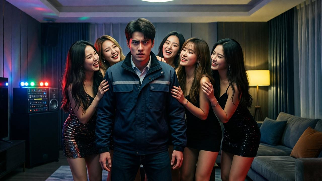 A tense, cinematic scene from a low-angle perspective inside a dimly lit, luxurious modern living room. A young man in a delivery jacket stands frozen in the center, surrounded by five young women in party clothes who are closing in on him, their expressions a mix of intoxication, amusement, and menace. The lighting is dramatic, with flashing colored lights from a stereo system casting long, distorted shadows. The atmosphere is claustrophobic and charged with danger, emphasizing the man's isolation. Style: hyper-realistic, moody, and suspenseful, with a color palette of deep blues, harsh reds, and sickly yellows.