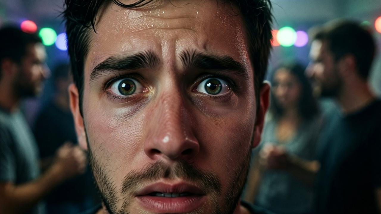 A close-up, intimate shot of a young man's face in a state of silent panic. He is looking directly at the viewer, his eyes wide with fear and desperation, reflecting the chaotic colored lights of the room. Sweat beads on his temple. The background is a blur of motion and dark figures, isolating his expression of trapped horror. The style is gritty and realistic, with shallow depth of field, emphasizing the raw emotion and psychological tension. Lighting is harsh and directional, highlighting the fear in his eyes.
