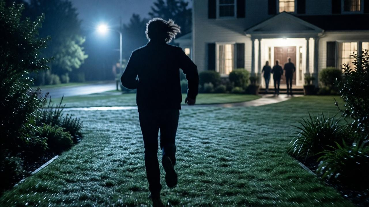 A dynamic, motion-blurred shot from behind of a person running desperately through a sprawling, shadowy backyard at night. They are fleeing towards a distant, dim streetlight, leaving a brightly lit mansion with blurred figures in the doorway behind. The grass is dewy, reflecting the cold moonlight. The atmosphere is one of frantic escape and relief, with a cool color palette of blues, blacks, and silvers. Composition uses leading lines of garden paths to draw the eye toward freedom. Style: cinematic, suspenseful, with a sense of urgent motion.