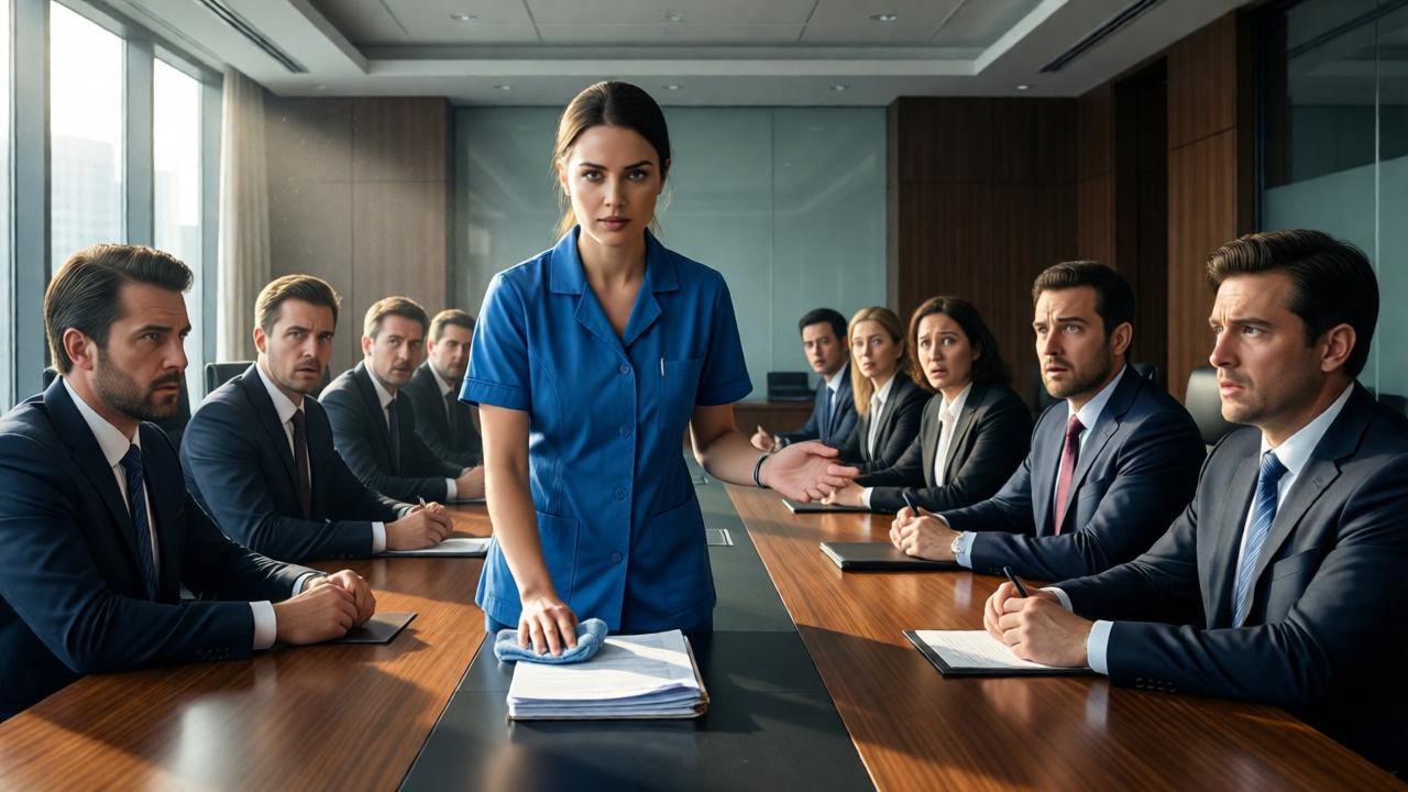 A dramatic, cinematic scene in a modern, high-end law firm conference room. A young woman in a simple blue cleaning uniform stands confidently before a large mahogany table where ten stunned lawyers in expensive suits are seated. The focus is on the stark contrast between her and them. She holds a cleaning cloth in one hand and gestures calmly towards a thick document on the table with the other. Morning light streams through floor-to-ceiling windows, illuminating dust motes in the air. The mood is tense and anticipatory, with a chiaroscuro lighting style highlighting the determination on her face and the shock on the lawyers'. The composition uses a wide-angle perspective to emphasize the power dynamics in the room.