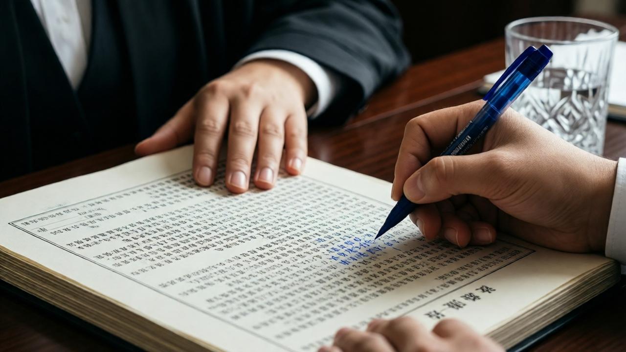 A close-up, intimate shot of Clara's hands at work. One hand rests on a thick, legal document covered in dense Chinese characters, while the other hand writes precise, neat annotations in the margins in blue ink. In the slightly blurred background, the expensive sleeve of a lawyer's suit and a crystal glass of water are visible, emphasizing the contrast. The lighting is soft and focused, like a spotlight on her work, with a warm tone. The style is photorealistic and detailed, capturing the texture of the paper and the intensity of her focus. The mood is one of quiet competence and revelation.