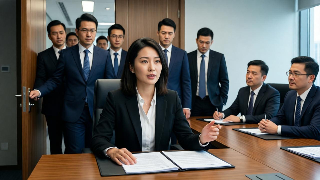 The climax of the scene. The conference room door is open, and a group of Chinese investors in sharp business attire is entering. All eyes in the room are on Clara, who is now seated at the center of the table, not at the end. She is speaking calmly, one hand resting on the translated documents, the other gesturing slightly. Leonardo and the other lawyers are in the background, looking at her with expressions of deference and relief. The lighting is bright and professional, symbolizing clarity and resolution. The style is dynamic and cinematic, with a shallow depth of field focusing on Clara. The mood is triumphant and transformative.