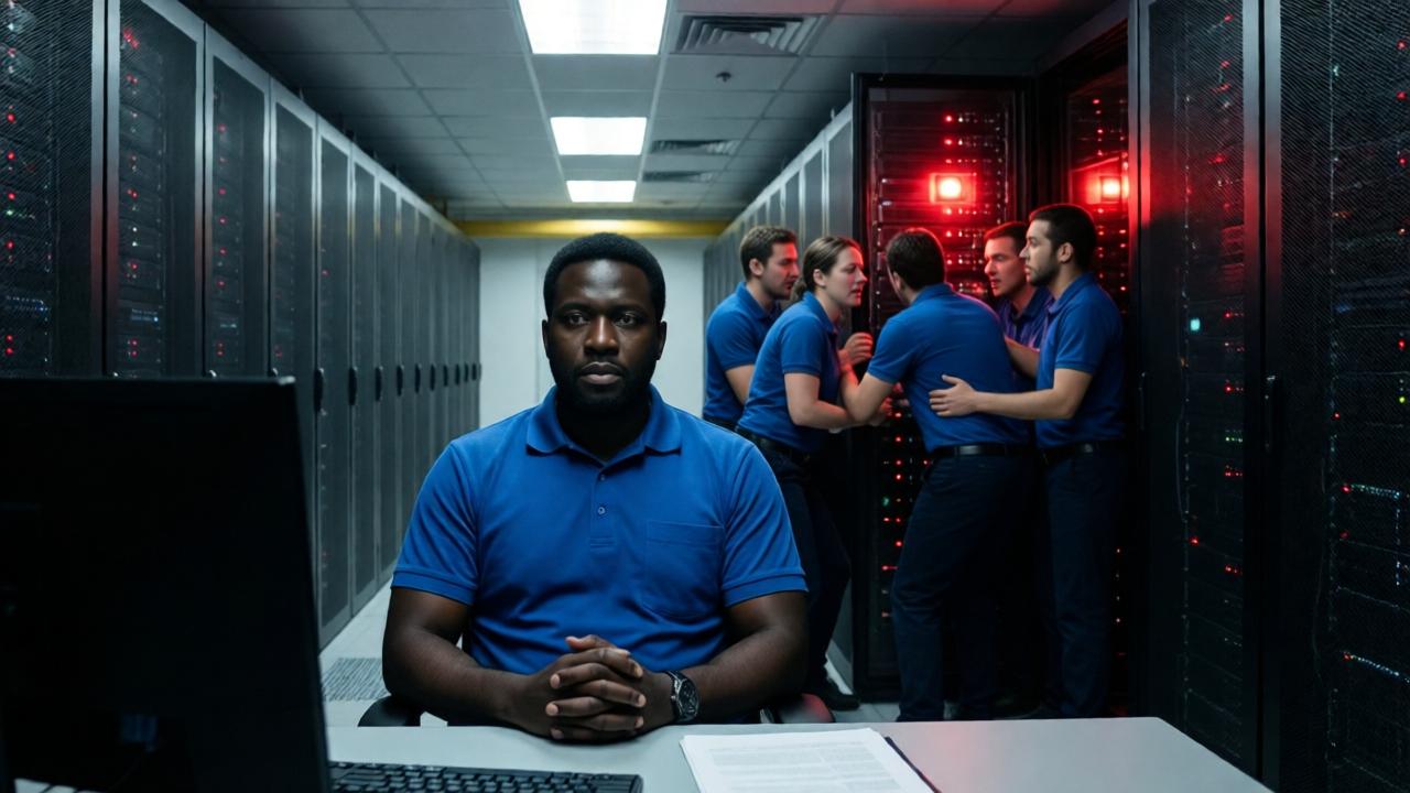 A dramatic wide-angle shot inside a high-tech data center at night. In the foreground, a Black technician in a blue polo shirt sits back in his chair, hands folded, isolated at his workstation. Behind him, a group of five other technicians in similar attire huddle frantically around a bank of server racks with blinking red lights. The lighting is harsh fluorescent from above, casting deep shadows, with the intense crimson glow of alarm panels reflecting on their worried faces. The composition emphasizes the lone, calm figure against the backdrop of chaotic activity, with endless rows of servers receding into the background. Cinematic, high-contrast style.