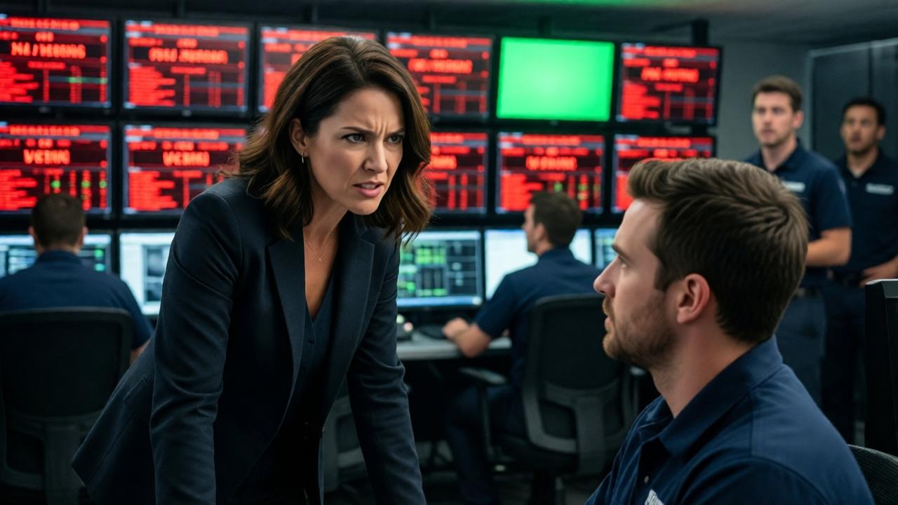 A powerful medium shot of a 52-year-old female CTO, Denise Fowler, standing in a data center control room. She is dressed in a sharp, dark blazer and has an expression of intense focus and simmering anger. She is looking directly at a lone technician (Raymond) who sits calmly in the foreground. In the background, a wall of monitors is overwhelmingly red with alarm warnings, except for one prominently green screen. The lighting is dramatic, with the glow of the screens illuminating her determined face and casting the panicked figures of other technicians into shadow. The mood is tense and decisive. Photorealistic style with a focus on emotional expression.