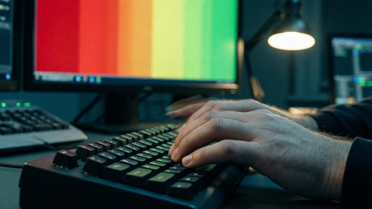 A close-up, dynamic shot of a technician's hands rapidly typing on a mechanical keyboard in a dim control room. The focus is on the flying fingers and the keyboard. In the soft background blur, a large wall monitor shows a critical transition: most of the screen is shifting from alarming red to a stable, calming yellow and green. The only light sources are the glow of the monitors and a small desk lamp, creating a mood of focused intensity and resolution. The colors are cool blues and greens contrasted with fading reds. The perspective is low and intimate, emphasizing action and expertise.