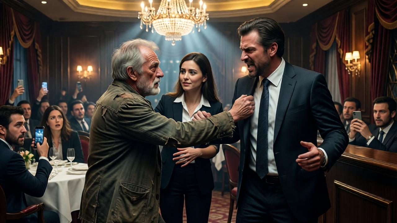 A dramatic scene in a luxurious, dimly-lit restaurant. An elderly man in torn, dusty clothes is being forcefully pushed aside by a well-dressed, angry manager in a sharp suit. A young, compassionate female receptionist stands between them, one hand outstretched. Patrons in the background hold up smartphones, their faces a mix of shock and morbid curiosity. The lighting is dramatic, with a spotlight effect from a crystal chandelier highlighting the confrontation. The color palette contrasts warm golds and deep burgundies of the restaurant with the cool, harsh tones of the manager's aggression. Cinematic, high-detail, emotionally charged composition.