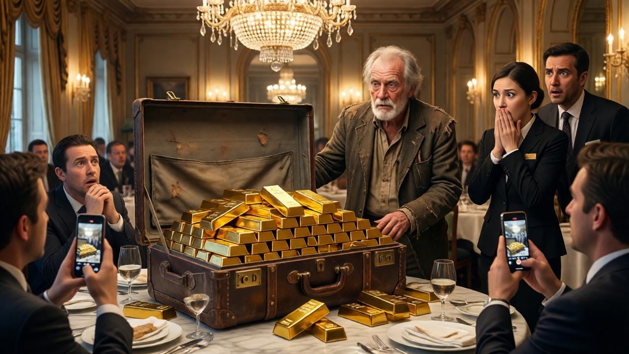 A stunning reveal in an opulent restaurant. An open, beat-up leather suitcase sits on a marble table, overflowing with gleaming, perfectly stacked gold bars that catch the light from a crystal chandelier. An elderly man in torn clothes stands proudly beside it, while a well-dressed manager stares in utter shock and horror. The young receptionist looks on with hands over her mouth in surprise. The surrounding diners are frozen in various states of awe, with their phones still recording. The style is hyper-realistic, focusing on the dramatic contrast between the humble suitcase and the immense wealth within. Warm, golden light illuminates the scene.