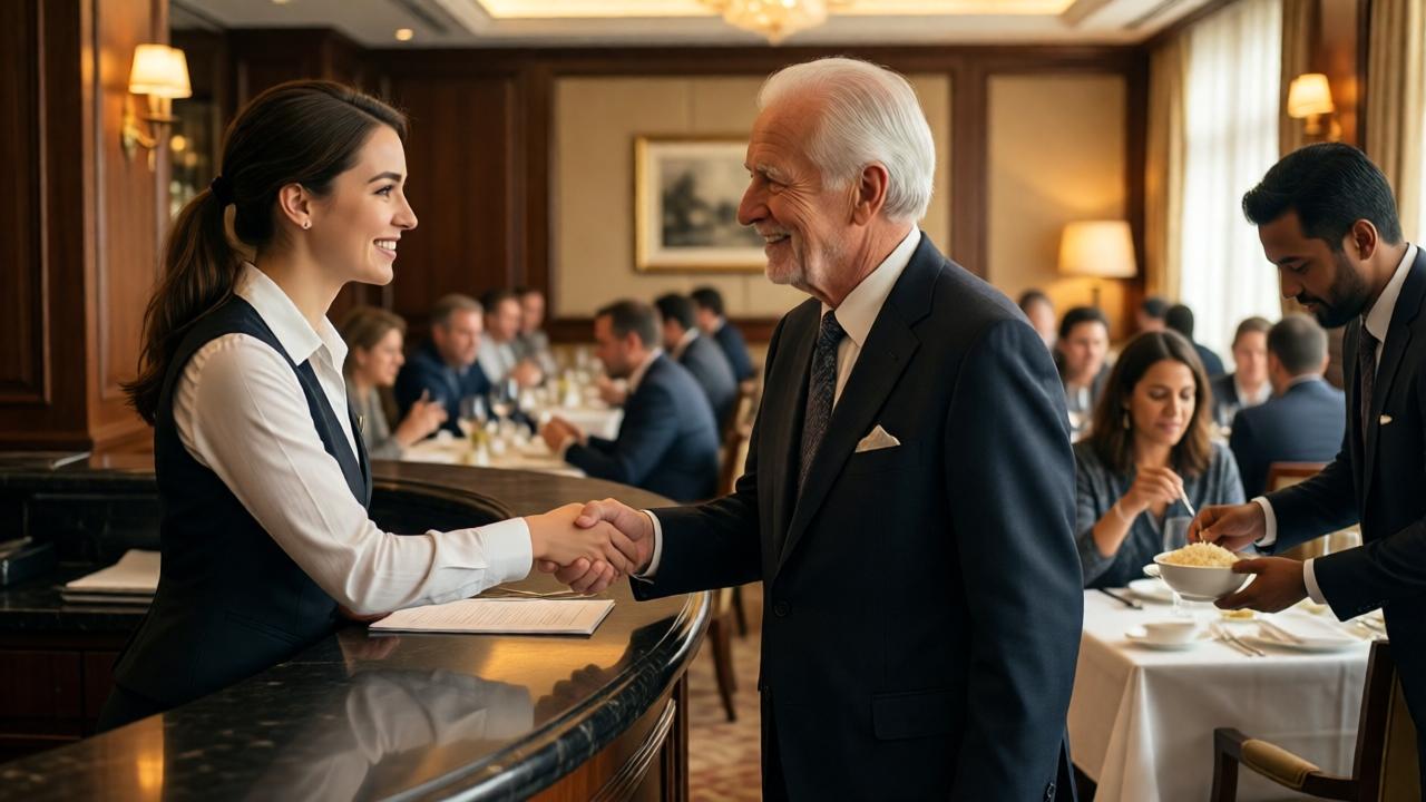 A heartwarming final scene. The same luxury restaurant, now warm and inviting. The young woman, Clara, now dressed as the manager, warmly shakes the hand of the elderly man, who is now wearing an elegant suit. They stand near the hostess podium, smiling genuinely at each other. In the background, a diverse group of patrons, including one person being served a simple bowl of rice at a corner table, enjoys the atmosphere. The lighting is soft and golden, symbolizing hope and new beginnings. The style is photorealistic with a focus on emotional connection and the contrast between the man's two different appearances. A sense of peace and justice prevails.