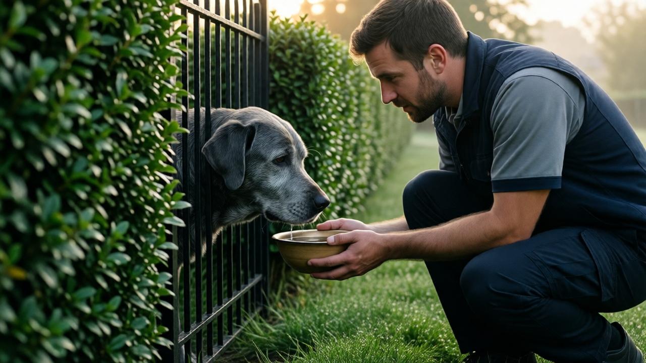 A cinematic, intimate scene at dawn. A delivery driver in a uniform kneels in dewy grass beside a thick, manicured hedge. He is gently offering a bowl of water to an elderly, gray-muzzled Labrador retriever who pokes her head through a narrow gap in a black iron fence. Soft, golden morning light filters through the leaves, highlighting the quiet connection between man and dog. The composition is close-up, focusing on their hands and faces, conveying a mood of tender, secret guardianship.