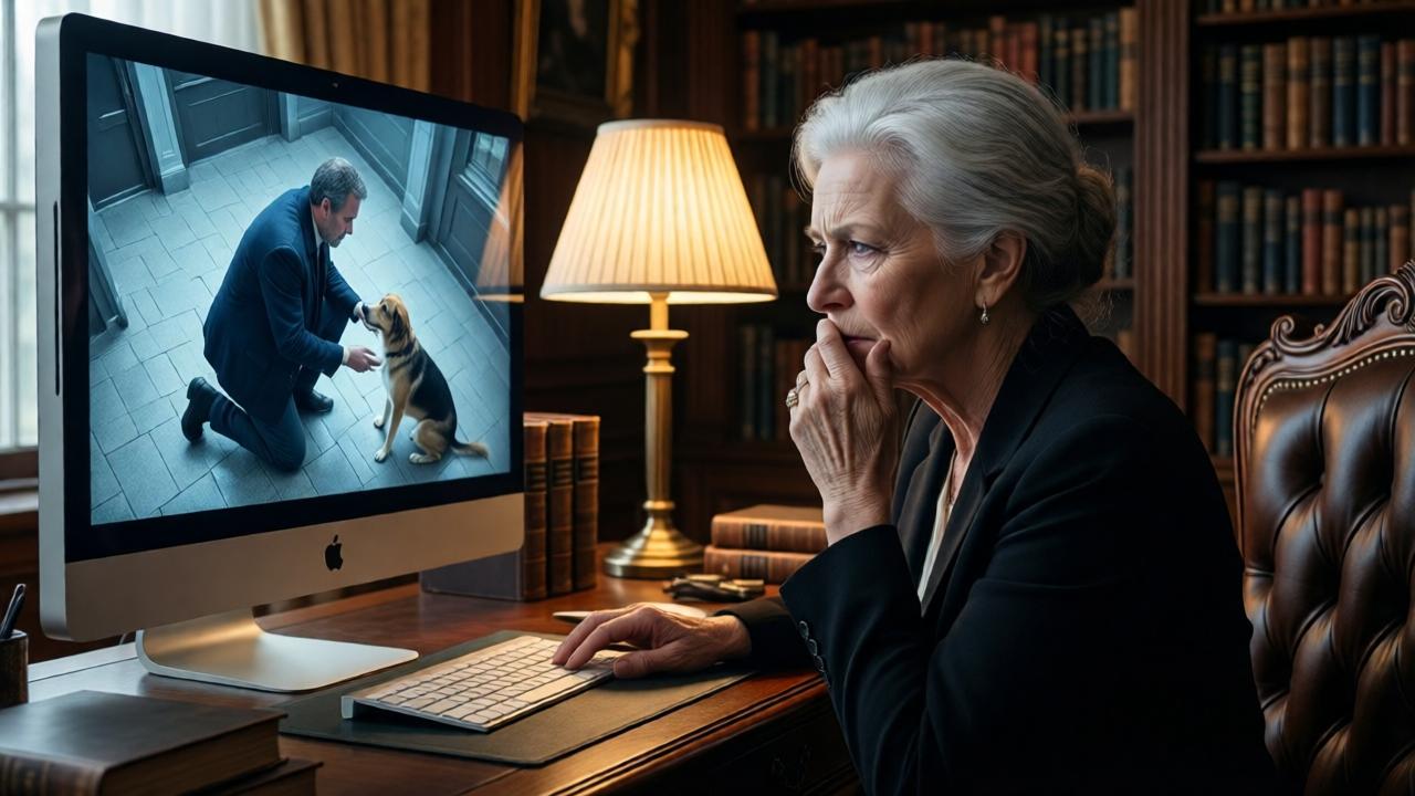 An emotional scene in a luxurious, old-fashioned study. An elegant elderly woman with silver hair sits intently before a large computer monitor, her hand over her mouth. On the screen, security footage shows Jerome kneeling to care for the dog. Soft lamplight illuminates her face, revealing a mix of grief, gratitude, and dawning anger. The room is filled with rich wood and books, creating a stark contrast between the warmth inside and the cold injustice outside.