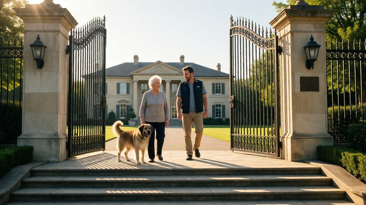 A powerful, hopeful conclusion at the estate's main entrance. The grand iron gates are wide open. On the sun-drenched front steps, an elderly woman stands proudly beside her wagging dog. A delivery driver, now in casual clothes, approaches them, a look of humble awe on his face. The composition is wide, showing the vast estate behind them, symbolizing new beginnings. The lighting is bright and welcoming, casting long, soft shadows and emphasizing the open gate as a portal to a corrected future.