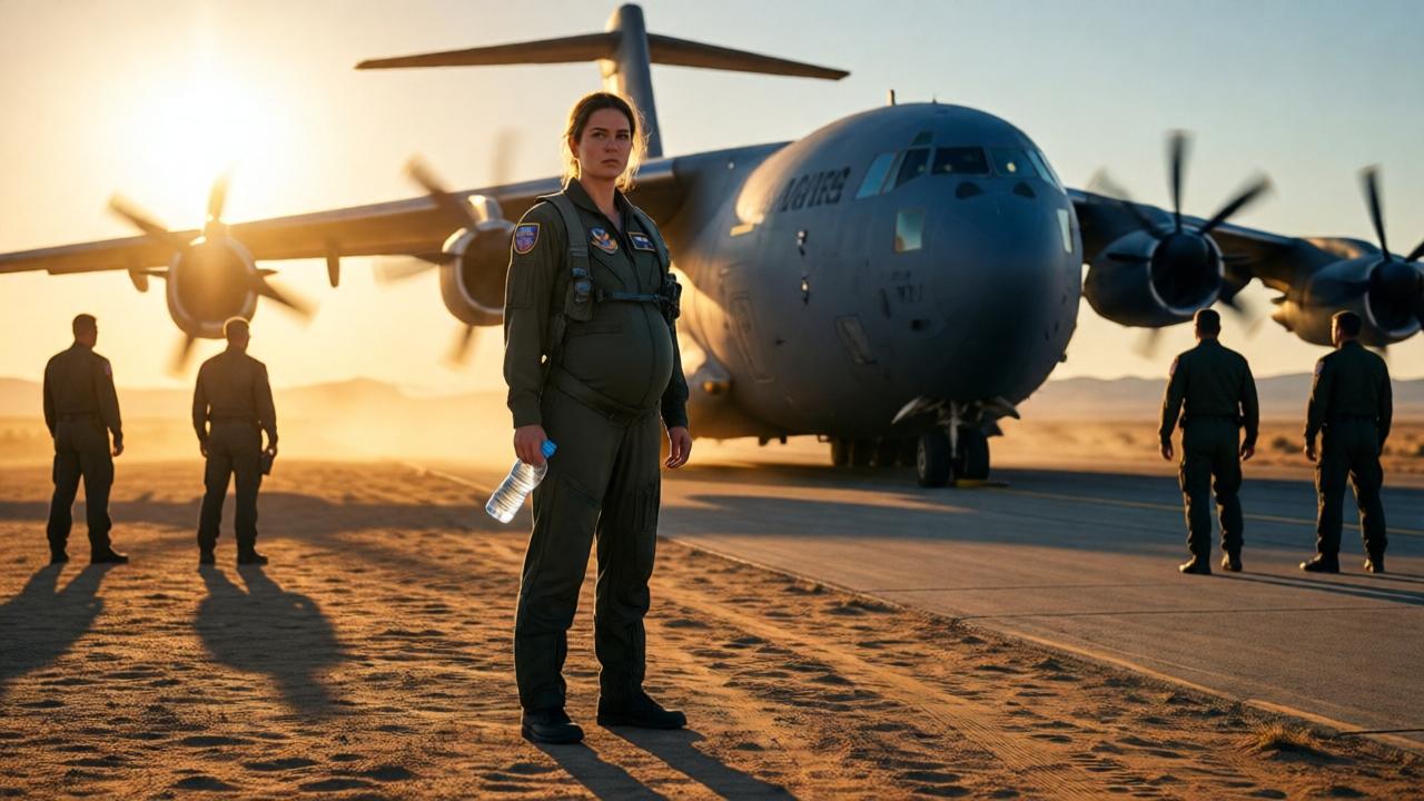 A dramatic, photorealistic scene on a desert flight line at dawn. A pregnant woman in a flight suit stands resolute on sun-baked tarmac, holding an empty water bottle, her shadow long. Behind her, a massive military transport plane gleams under a harsh, rising sun. Men in uniform are blurred in the background, turned away. The mood is tense and isolating, with intense golden-hour side lighting creating deep shadows and highlighting the dust in the air. Colors are saturated oranges, tans, and deep blues. Composition uses a wide-angle to emphasize her solitude against the vast machinery.