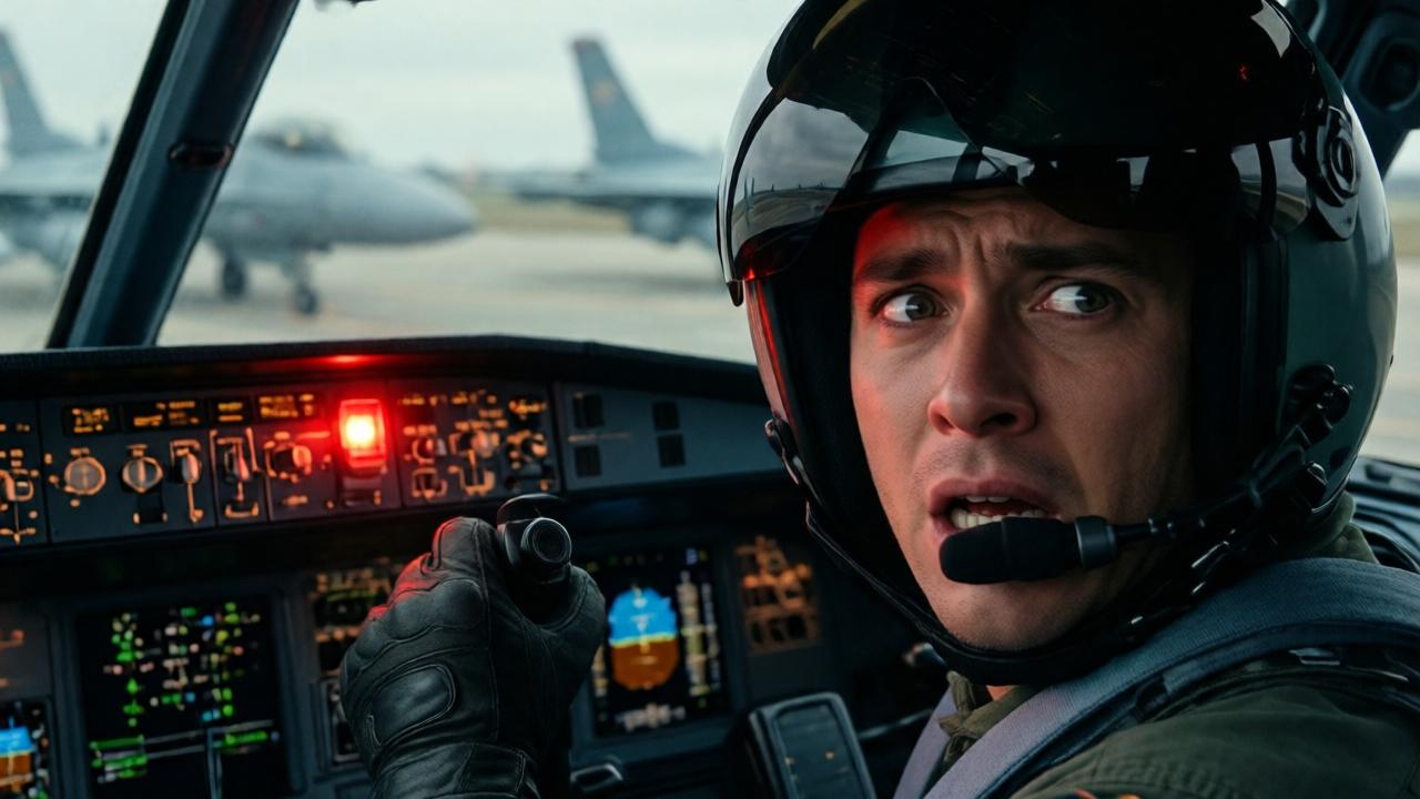 Close-up, dynamic shot inside a cockpit. A pilot's gloved hand is frozen near the throttle, reflected in the visor of his helmet. A single, bright red warning light on the console is the only source of color, casting an urgent glow on his face, which shows dawning horror. Outside the canopy, the blurred shapes of other grounded planes are visible. The style is cinematic and high-detail, with dramatic chiaroscuro lighting from the console. The mood is one of sudden, arrested crisis.