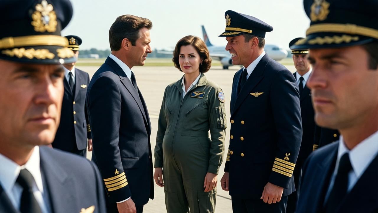 A powerful scene on the tarmac. A man in a crisp civilian suit (Colonel Steed) stands facing a flustered, angry man in a flight chief's uniform (Briggs). Between them, a pregnant woman in a flight suit (Renee) stands calmly, her posture straight. The foreground is in sharp focus, with the blurred, tense faces of other crew members watching from behind. Lighting is the harsh, high noon sun creating sharp contrasts. The mood is of supreme tension and coming judgment. Composition uses a medium shot to capture the power dynamic between the three central figures.