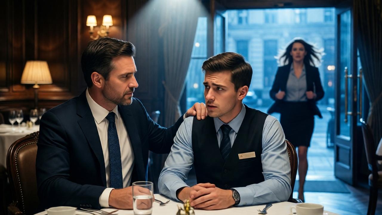 A dramatic scene in an elegant, dimly-lit restaurant. A well-dressed CEO, Alexander, has a comforting hand on the shoulder of a young waiter, John, who is sitting at a table looking overwhelmed. The former fiancée, Lily, is a blurred figure storming out through the grand entrance in the background. Cinematic lighting with a spotlight effect on the two men, highlighting the warmth and connection between them, contrasting with the cold, blue-tinged light on the exiting woman. The composition is intimate, shot from a low angle to give a sense of monumental decision-making.
