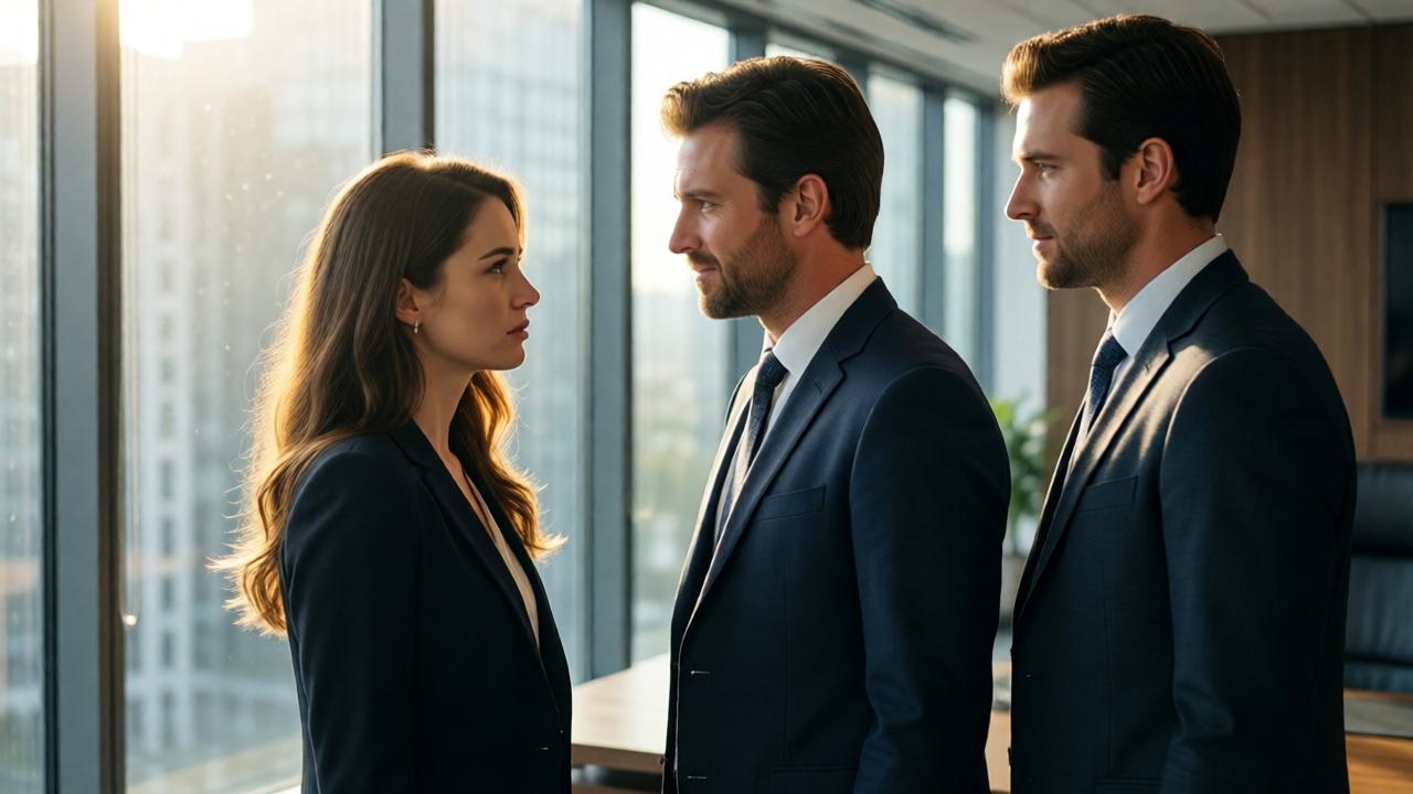 An emotional reunion in a modern, sunlit CEO's office. Lily, dressed elegantly but looking weary and vulnerable, faces her brother John. John's expression is one of dawning understanding and compassion, not anger. Alexander stands slightly to the side, observing with a supportive presence. The mood is one of painful truth and reconciliation. Soft, natural morning light streams through floor-to-ceiling windows, illuminating dust motes and creating a hopeful, cleansing atmosphere. The composition is balanced, focusing on the complex emotions passing between the siblings.