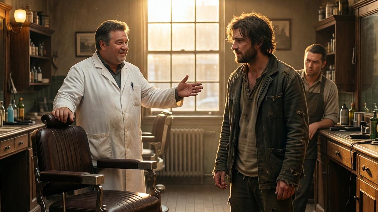 A cinematic scene in a classic, slightly worn barbershop. A kind-faced, overweight barber in a white smock gestures warmly towards an empty leather chair. A disheveled, hopeful man with ragged clothes stands hesitantly in the foreground. The assistant looks on with disapproval from behind a counter. Warm, golden afternoon light streams through a large window, illuminating dust motes and creating a hopeful, dramatic atmosphere. The composition is wide, capturing the entire shop's vintage details.