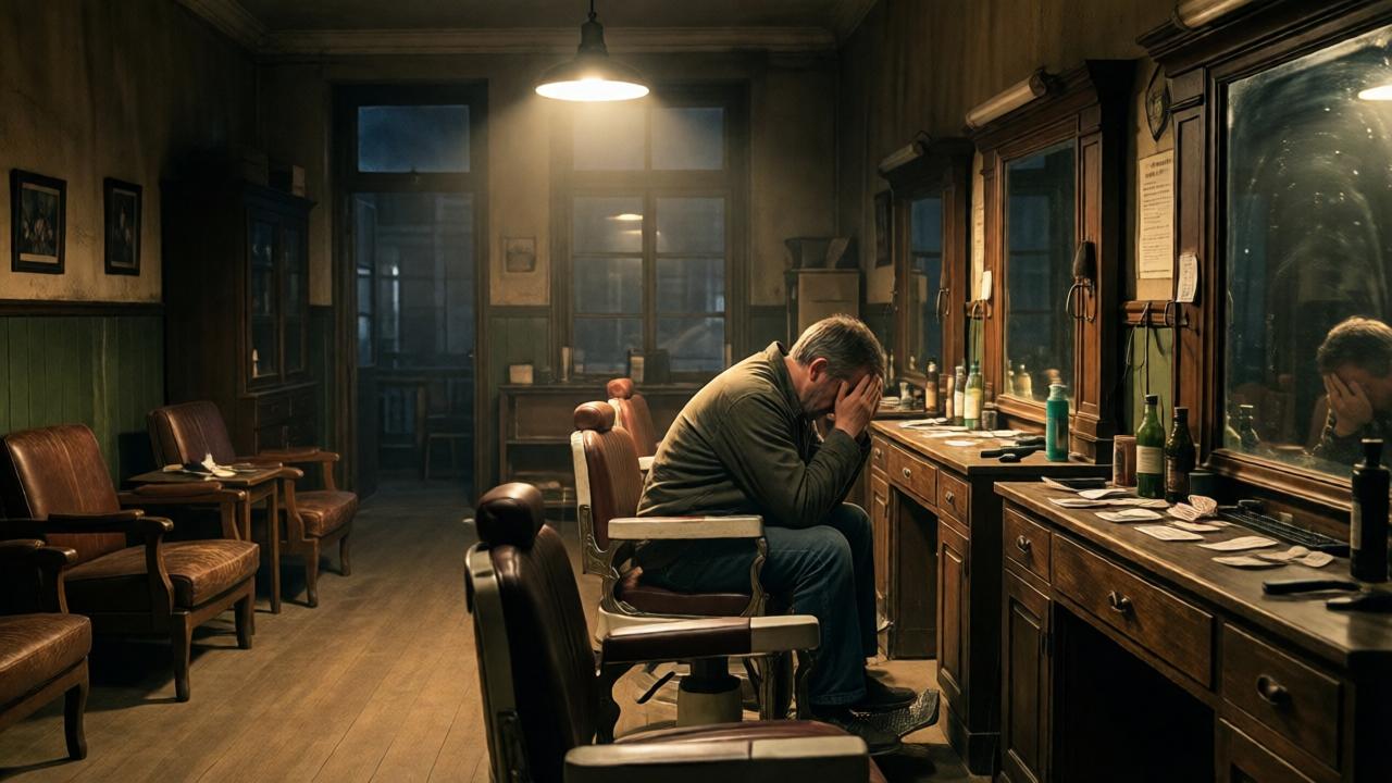 A melancholic, dimly lit interior of a nearly empty, vintage barbershop at night. The kind owner sits alone on a stool, head in his hands, surrounded by empty leather chairs and dusty mirrors. A single overhead lamp casts a pool of warm light on him, creating deep shadows. Unopened bills and final notices are scattered on the counter. The mood is one of quiet despair and exhaustion, with a composition that emphasizes his isolation in the wide space.