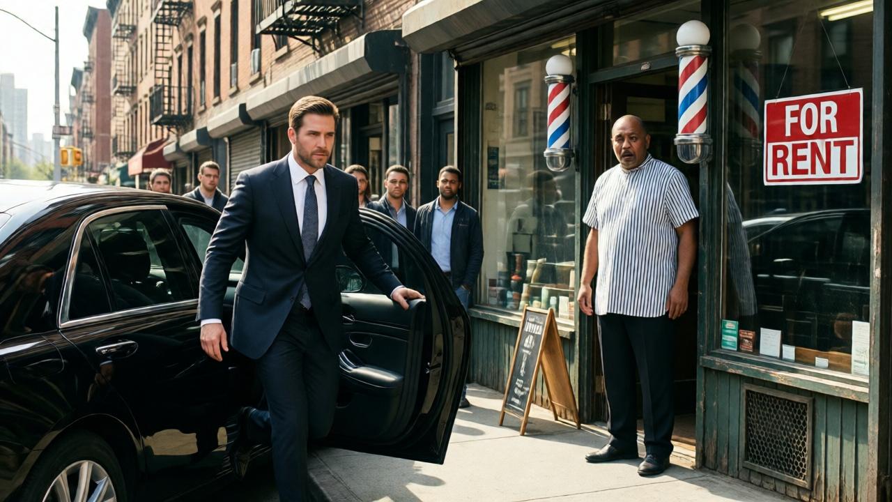 A dramatic, high-contrast scene on a sunny urban street. A sharply dressed, successful man in an expensive suit confidently exits a black luxury car, directly facing a worn-down barbershop with a 'For Rent' sign. The kind barber stands frozen in the shop doorway, a look of utter shock and recognition on his face. Passersby stop to stare. The lighting is bright and cinematic, highlighting the stark contrast between the man's new wealth and the shop's faded exterior. The composition is dynamic, capturing the moment of arrival.