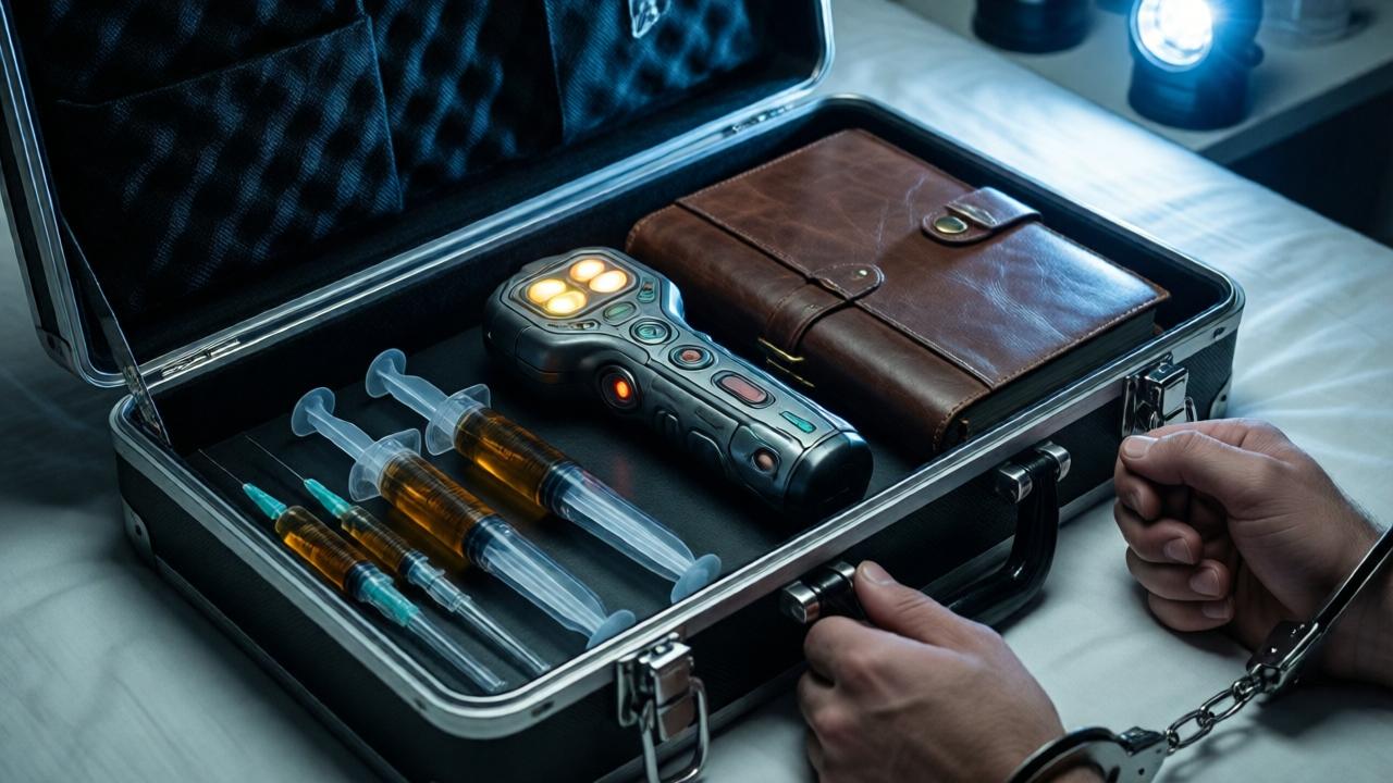 A close-up, evidence-style photo of a sleek, sinister-looking medical case opened on a bed. Inside are several syringes filled with a translucent amber liquid, a strange handheld device with glowing pads, and a leather-bound logbook. A pair of men's hands, Pedro's, are visible in handcuffs at the edge of the frame. The lighting is harsh and clinical, from police flashlights, emphasizing the cold, technological nature of the tools. The mood is one of violation and scientific horror, a domestic scene turned into a lab.