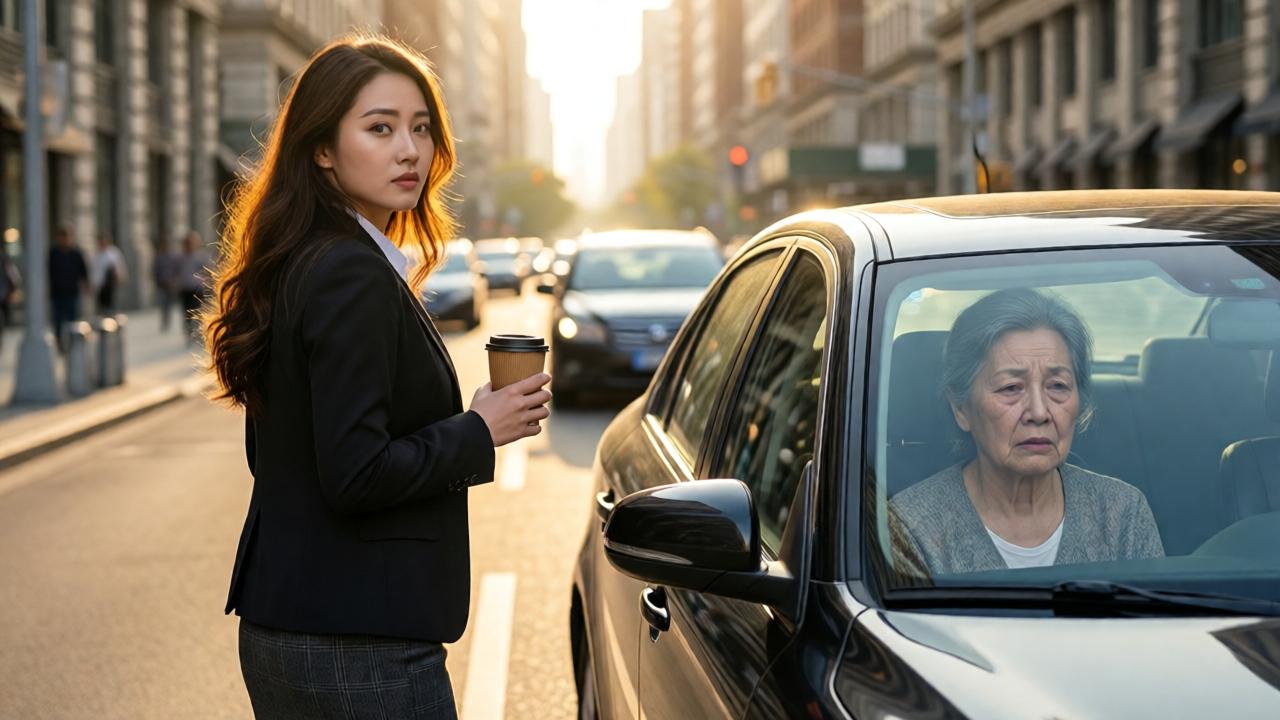A young woman in a professional blazer and skirt stands on a sunlit city street, holding a paper cup of coffee, looking back at a parked car where an older woman sits behind the wheel looking unwell. Warm golden sunlight, urban background with blurred buildings, emotional tension, cinematic composition, shallow depth of field, realistic style.