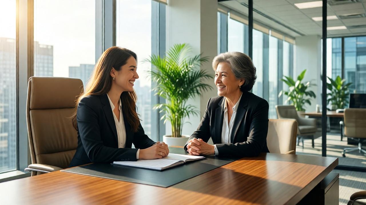 A professional office setting with a young woman and an older woman in a CEO's office, both smiling warmly at each other across a large wooden desk. Sunlight streams through floor-to-ceiling windows, modern decor, plants in the background, positive mood, realistic style, wide angle shot, bright and airy lighting.