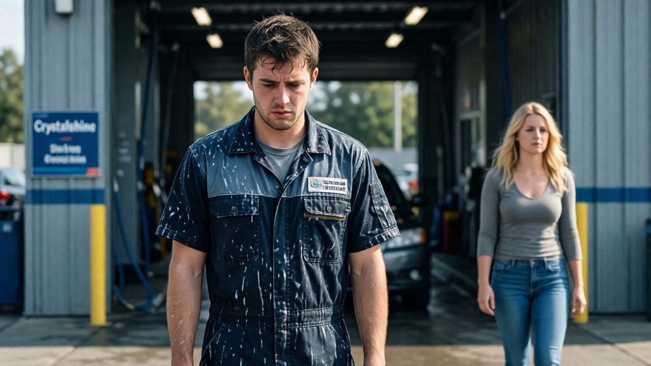 A young man in his late 20s, wearing a cheap car wash uniform stained with soap and water, standing in front of a car wash entrance with a sign reading 'Crystalshine.' He looks downcast and humiliated, his arms hanging loose. In the background, a blonde woman in casual clothes walks away indifferently. The lighting is harsh midday sun, casting sharp shadows. The mood is one of deflation and regret. Photorealistic style, muted colors with a hint of blue-gray overcast, shallow depth of field focusing on the man's defeated expression.