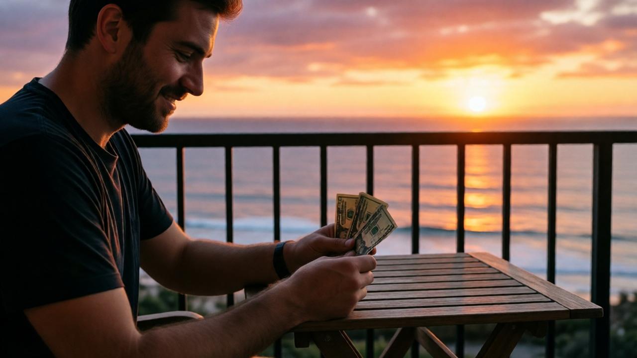 A man in his late 20s sitting on a balcony overlooking the Pacific Ocean at sunset. He is holding three crumpled $20 bills in his hands, smoothing them out on a small wooden table. The sky is painted in warm shades of orange, pink, and purple, with the ocean shimmering in the distance. The mood is contemplative and serene. The composition shows the man from a side angle, his face half-lit by the golden hour glow, with a faint smile. Photorealistic style, soft bokeh on the ocean background, warm color palette.