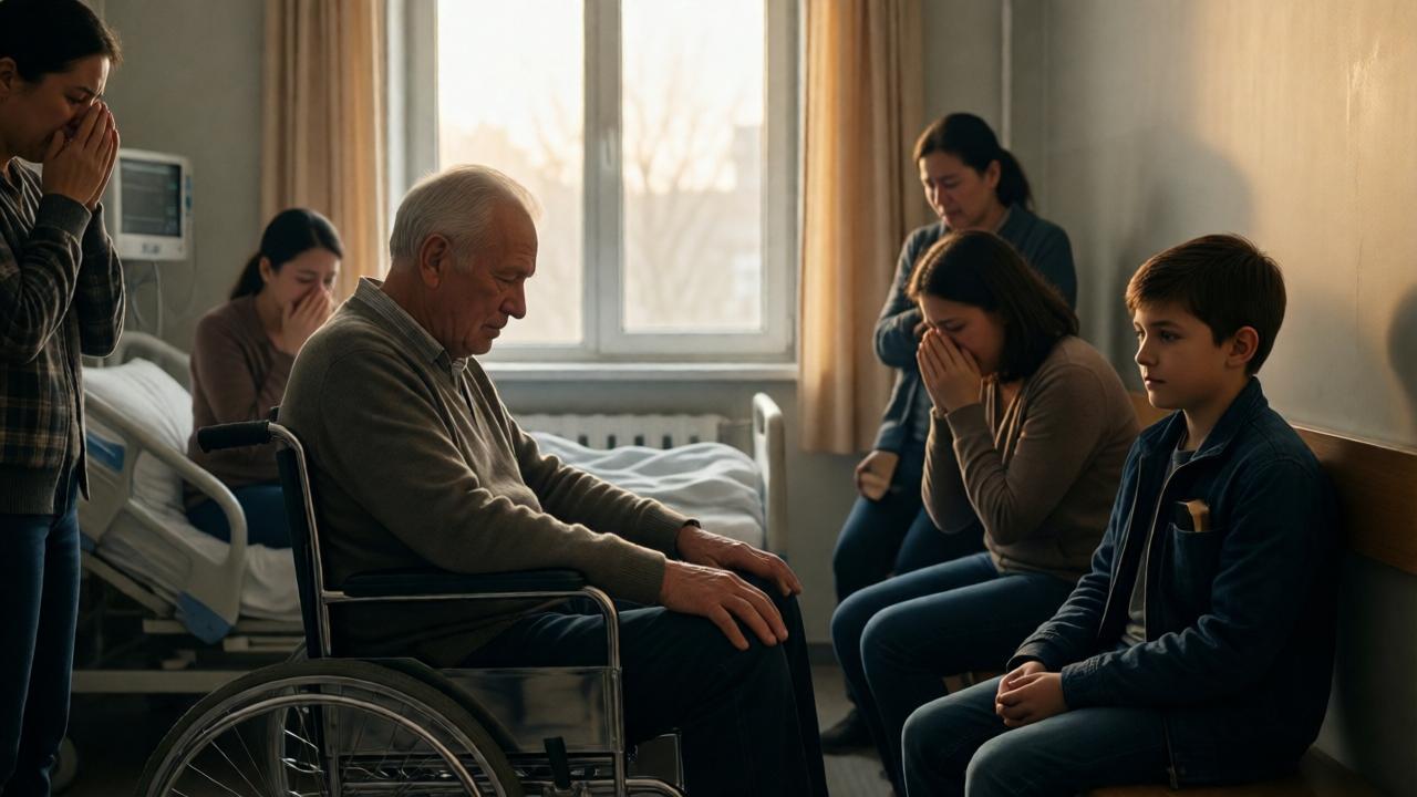 A dimly lit hospital room with a single window letting in pale morning light. An elderly man sits slumped in a wheelchair, his hands resting on his knees. Around him, family members are crying or looking away in despair. In the corner, a young boy of about ten sits alone, a small Bible visible in his jacket pocket, his face calm and focused, a stark contrast to the sorrow around him. Cinematic, emotional, warm light from the window, muted tones, photorealistic style.