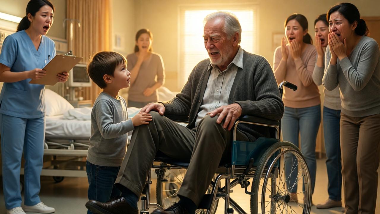 A dramatic moment in a hospital room: an elderly man rising from a wheelchair, his feet planted on the floor, his face a mix of shock and joy. A young boy stands beside him, one hand still on the man's knee, both looking upward. In the background, a nurse drops her clipboard, her mouth open in disbelief. Family members gasp, tears streaming down their faces. Warm golden light floods the scene, creating a halo effect around the boy and the man. Cinematic, uplifting, photorealistic, high contrast.