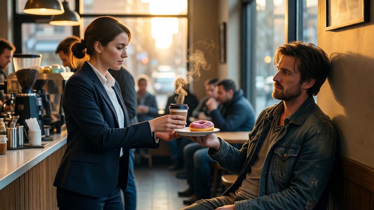 A busy downtown coffee shop at morning rush hour, warm golden light streaming through large windows, a woman in business attire handing a coffee and donut to a pale man slumped against the wall, steam rising from the cup, contrast between her professional outfit and his worn clothes, soft focus on the exchange, cinematic composition with shallow depth of field, warm amber and cool blue tones