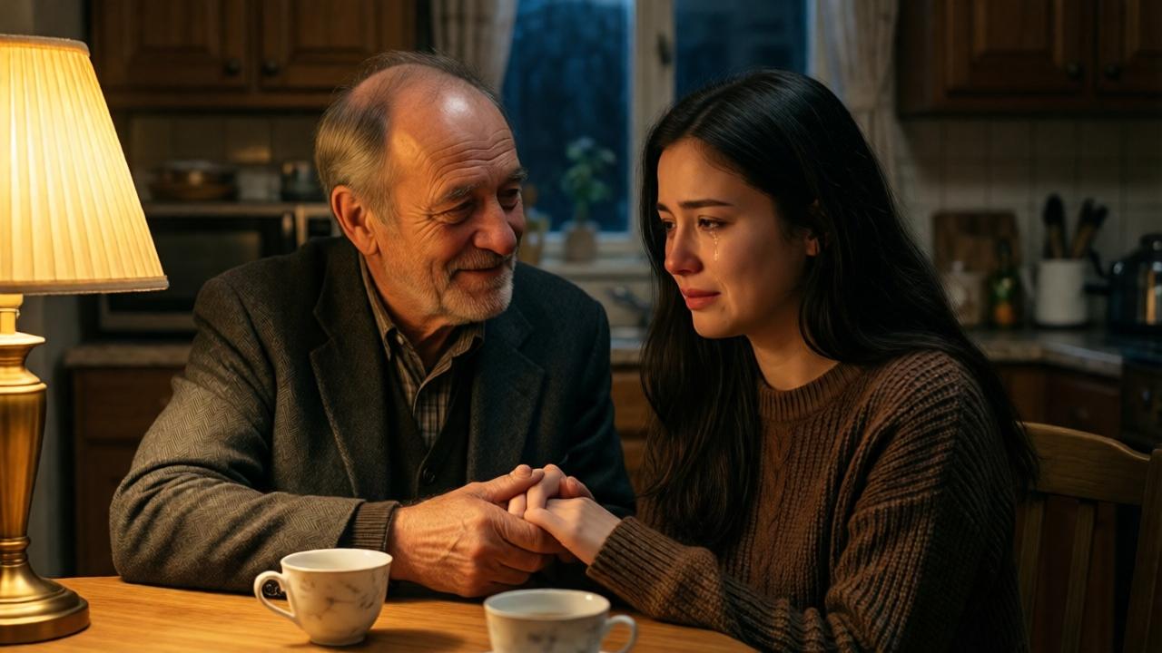A dimly lit kitchen at night, an elderly man with thinning hair and a gentle smile holding the hand of a young woman with tear-streaked face, warm lamp light casting soft shadows, a simple wooden table with teacups, emotional atmosphere of comfort and wisdom, intimate close-up composition, muted earth tones with hints of gold from the lamp
