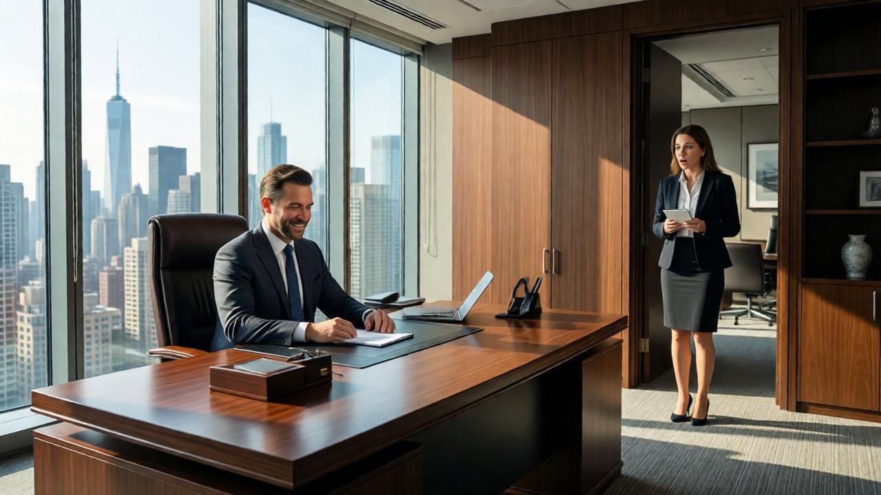 A modern executive office with floor-to-ceiling windows overlooking a city skyline, a man in a tailored suit sitting behind a mahogany desk with a warm smile, a woman in professional attire standing at the doorway with surprise and recognition on her face, sunlight streaming in creating dramatic shadows, sophisticated corporate atmosphere, wide-angle perspective emphasizing the power dynamics and emotional reunion